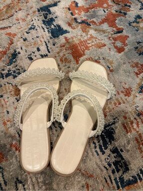 Pearl-Embellished Cream Slide Sandals - Women